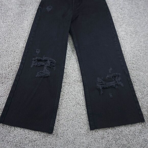Zara Jeans Womens 0 Wide Leg Crop Capris Black Baggy Y2K Hip Hop Distressed - Picture 3 of 14